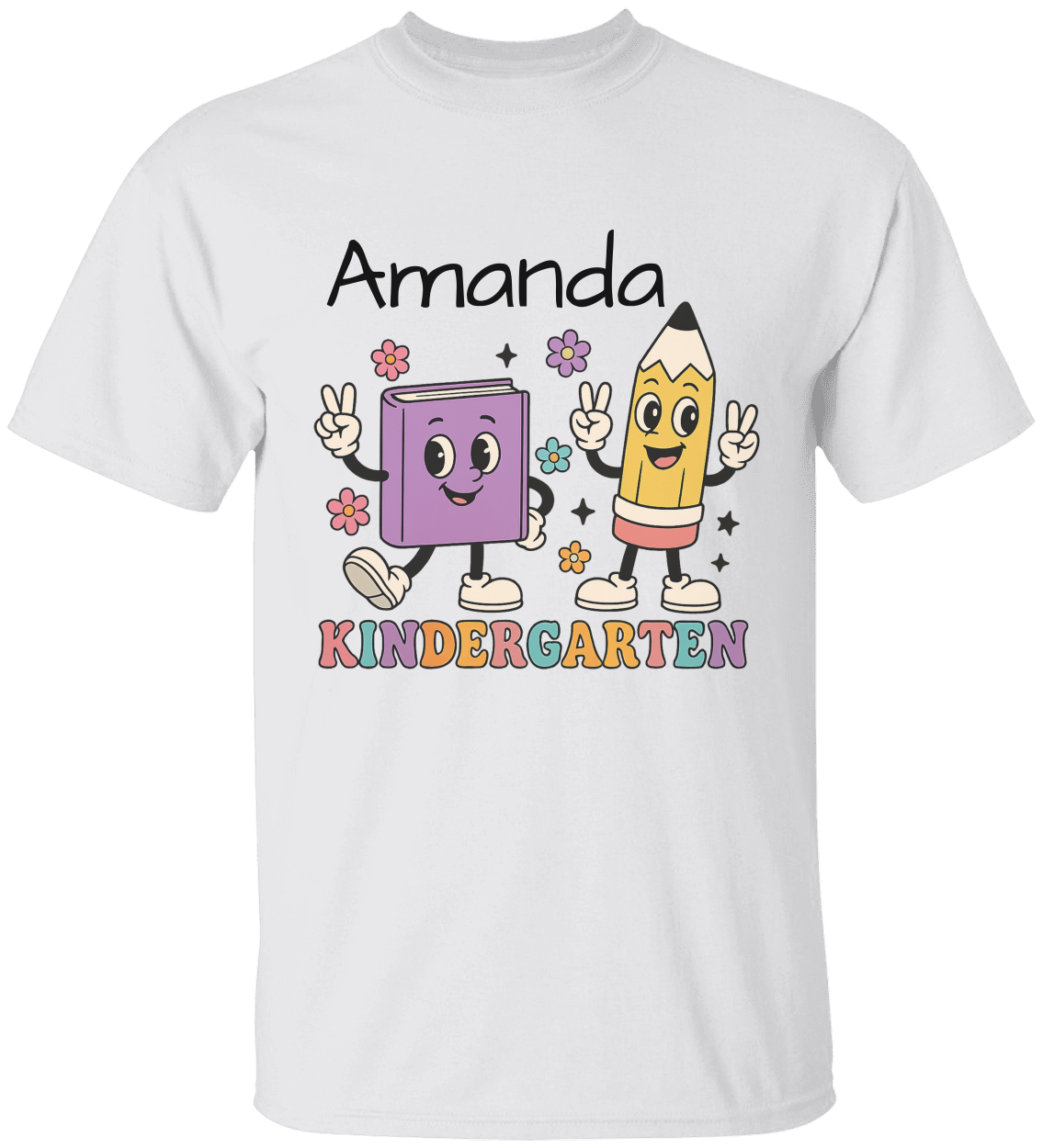 Personalized Kindergarten T-Shirt – Cute Book & Pencil Characters | Back to School Tee for Kids | Custom Name Shirt for First Day