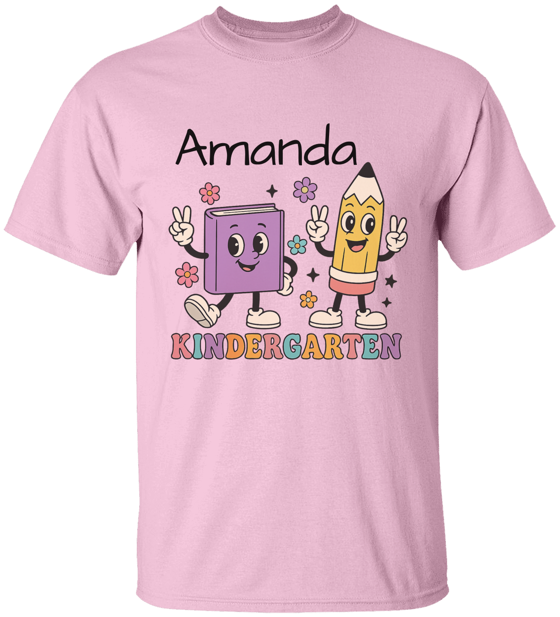 Personalized Kindergarten T-Shirt – Cute Book & Pencil Characters | Back to School Tee for Kids | Custom Name Shirt for First Day