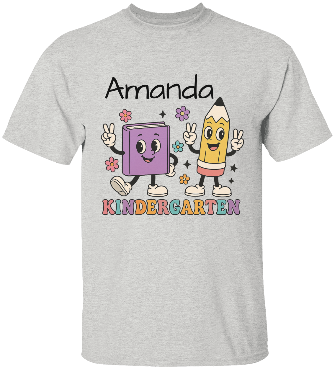 Personalized Kindergarten T-Shirt – Cute Book & Pencil Characters | Back to School Tee for Kids | Custom Name Shirt for First Day