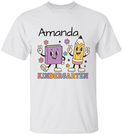 Personalized Kindergarten T-Shirt – Cute Book & Pencil Characters | Back to School Tee for Kids | Custom Name Shirt for First Day