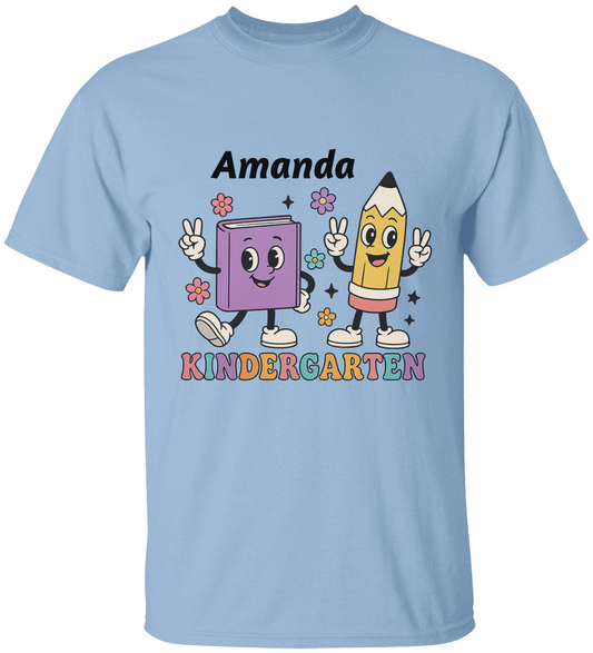 Personalized Kindergarten T-Shirt – Cute Book & Pencil Characters | Back to School Tee for Kids | Custom Name Shirt for First Day