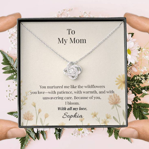 *Personalized* To My Mom – Wildflower Love Knot Necklace with Message Card | Heartfelt Gift for Mom from Daughter or Son