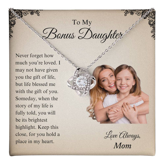 Personalized Bonus Daughter Necklace with Photo Card - Custom Love Knot Gift for Stepdaughter