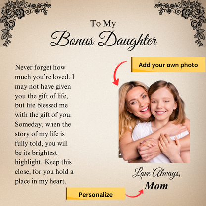 Personalized Bonus Daughter Necklace with Photo Card - Custom Love Knot Gift for Stepdaughter