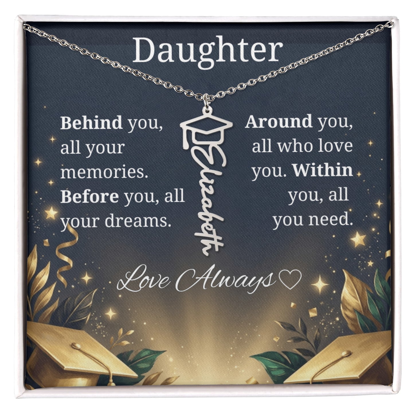 Graduation Keepsake Name Necklace: Personalized Gift for Her New Chapter