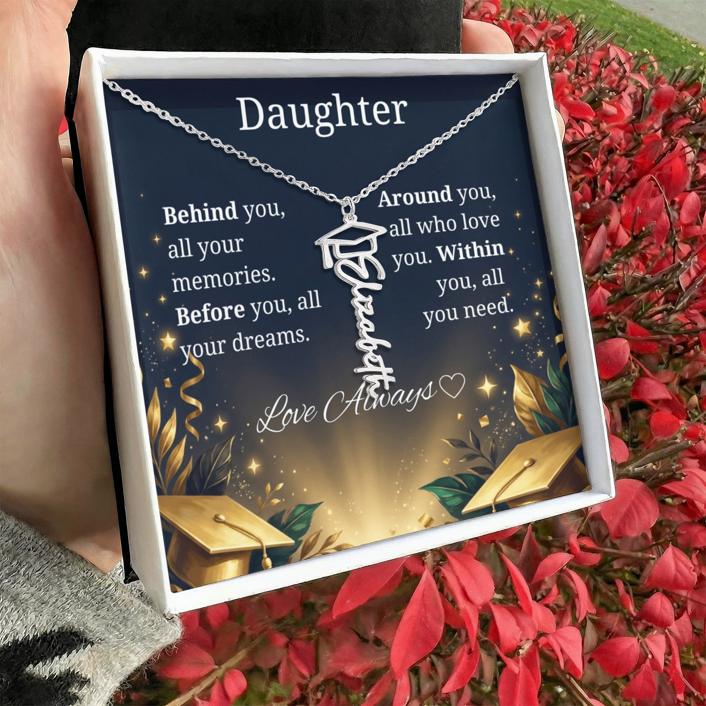 Graduation Keepsake Name Necklace: Personalized Gift for Her New Chapter
