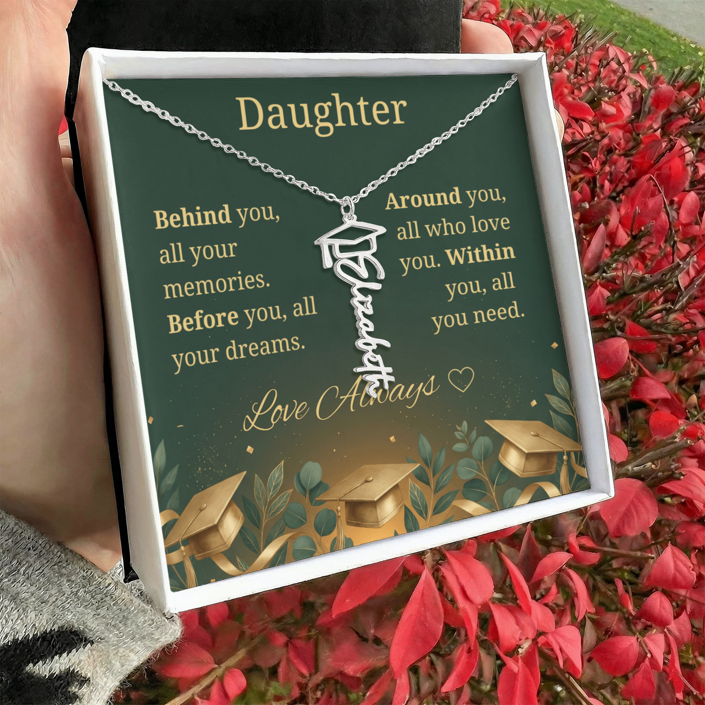 Graduation Keepsake Name Necklace: Personalized Gift for Her New Chapter_Green