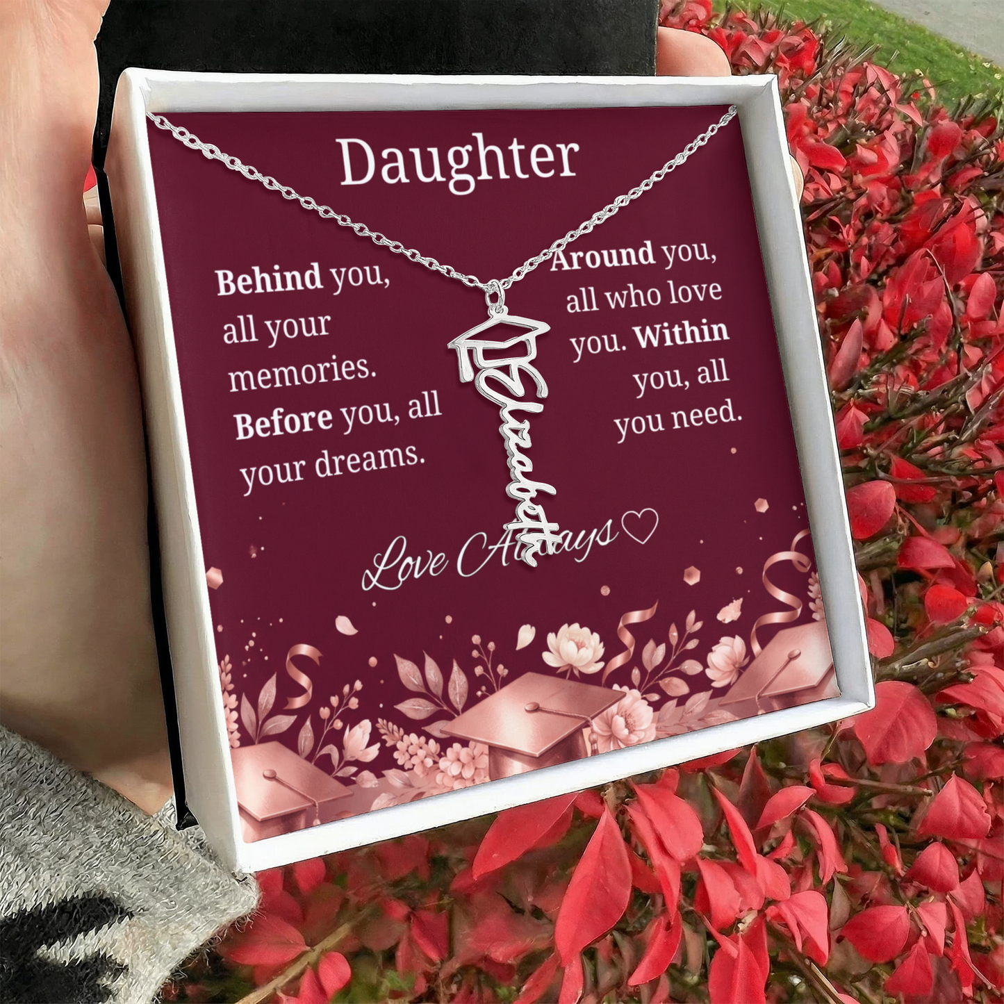 Graduation Keepsake Name Necklace: Personalized Gift for Her New Chapter_Burgundy