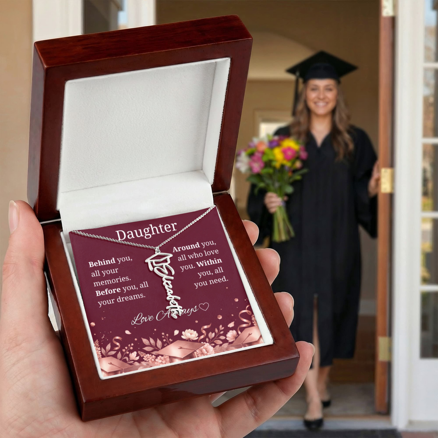 Graduation Keepsake Name Necklace: Personalized Gift for Her New Chapter_Burgundy