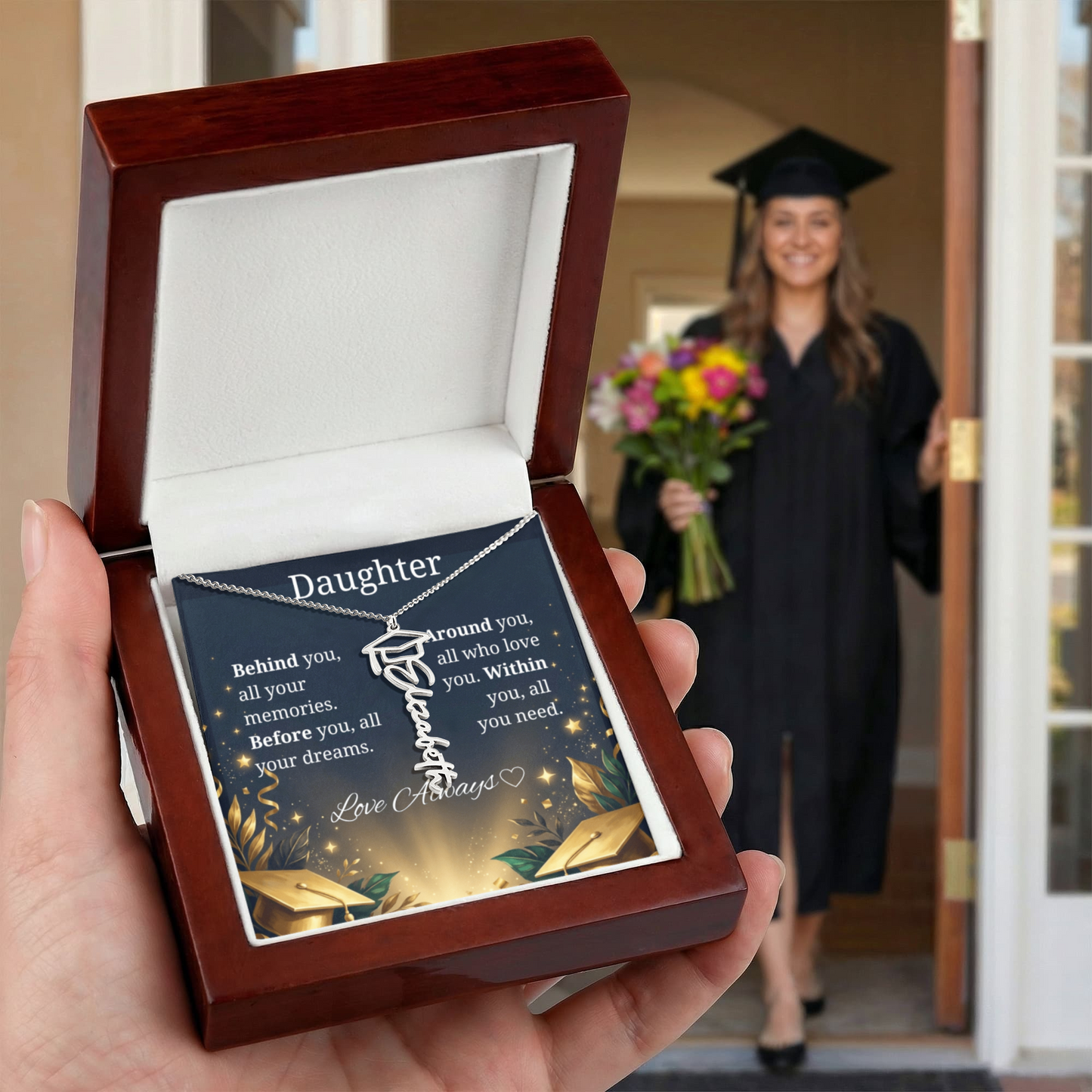 Graduation Keepsake Name Necklace: Personalized Gift for Her New Chapter