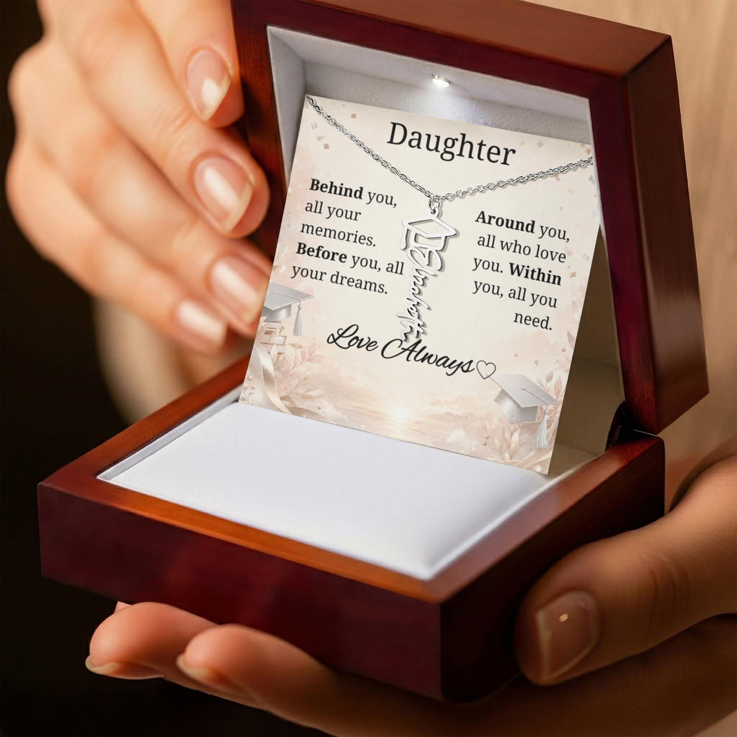 Graduation Keepsake Name Necklace: Personalized Gift for Her New Chapter