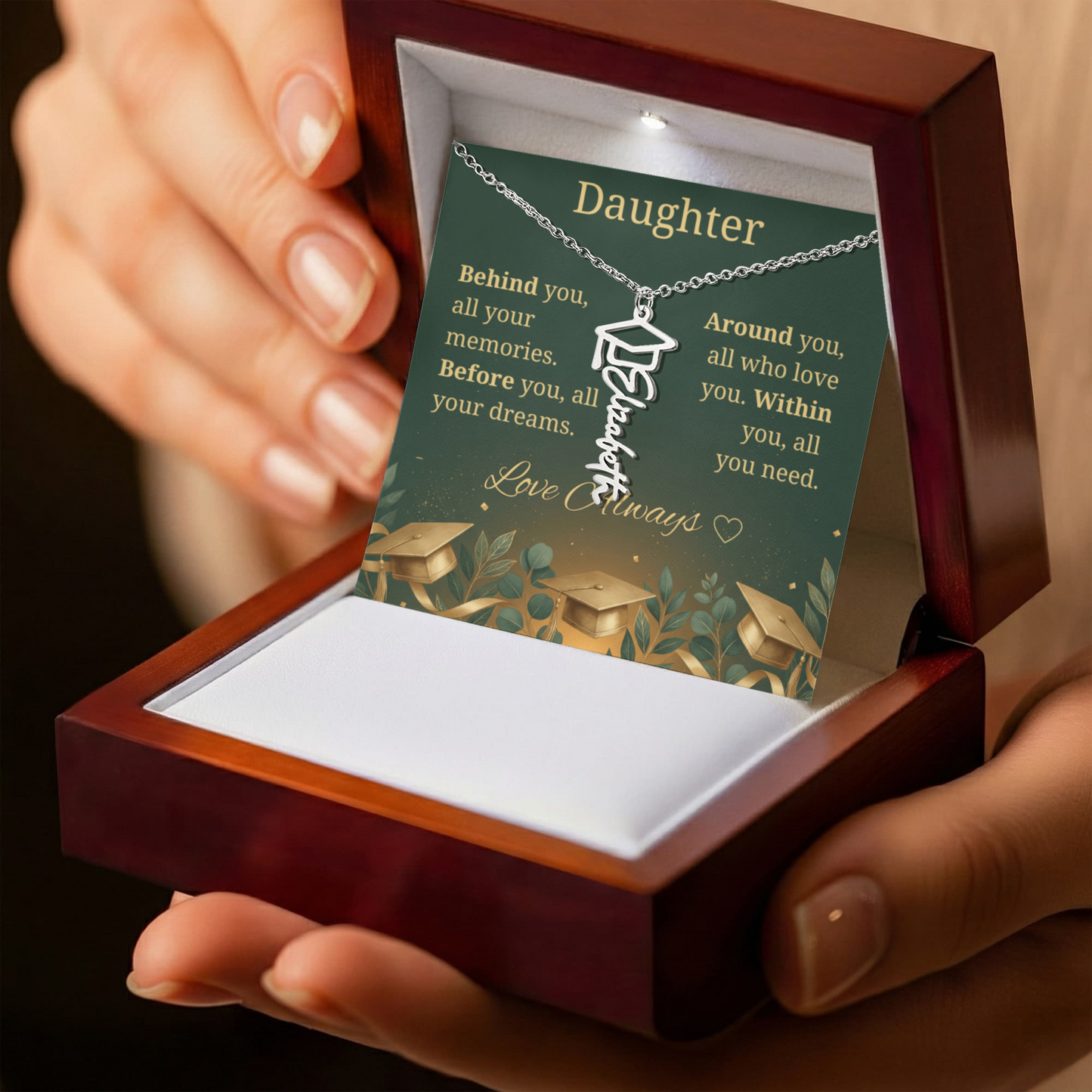Graduation Keepsake Name Necklace: Personalized Gift for Her New Chapter_Green