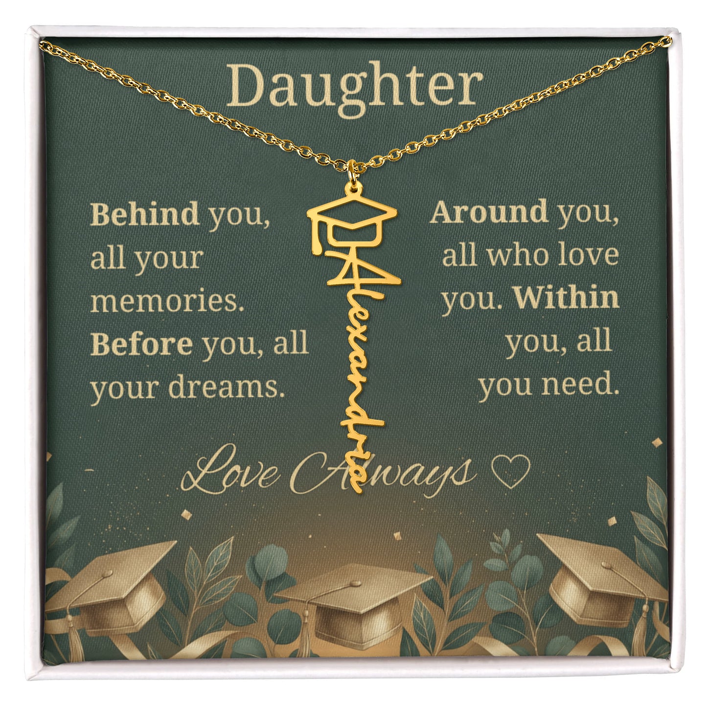 Graduation Keepsake Name Necklace: Personalized Gift for Her New Chapter_Green