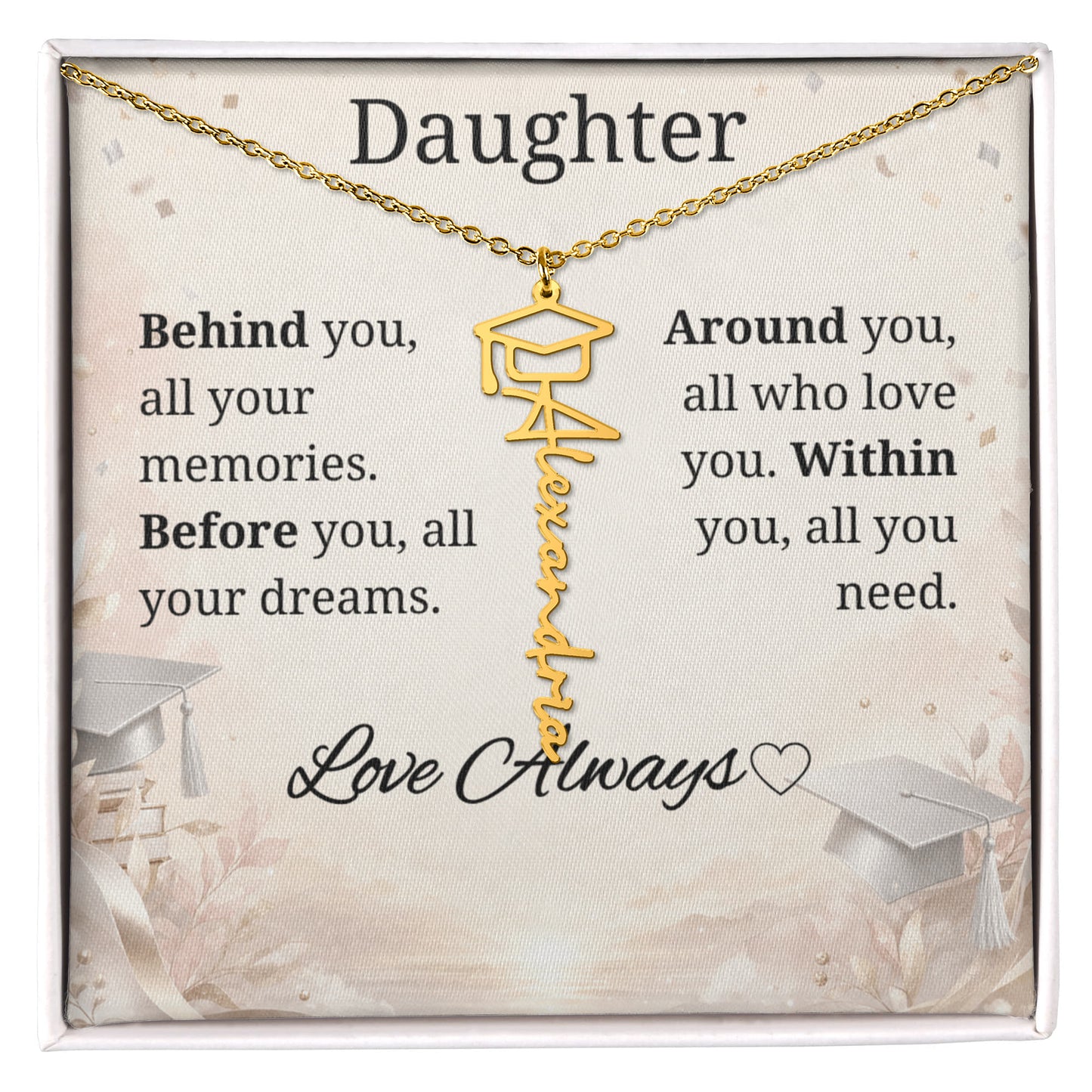 Graduation Keepsake Name Necklace: Personalized Gift for Her New Chapter