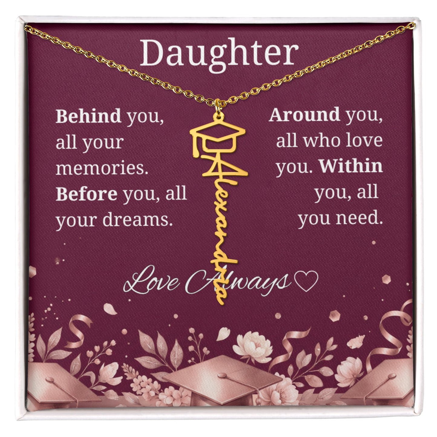 Graduation Keepsake Name Necklace: Personalized Gift for Her New Chapter_Burgundy