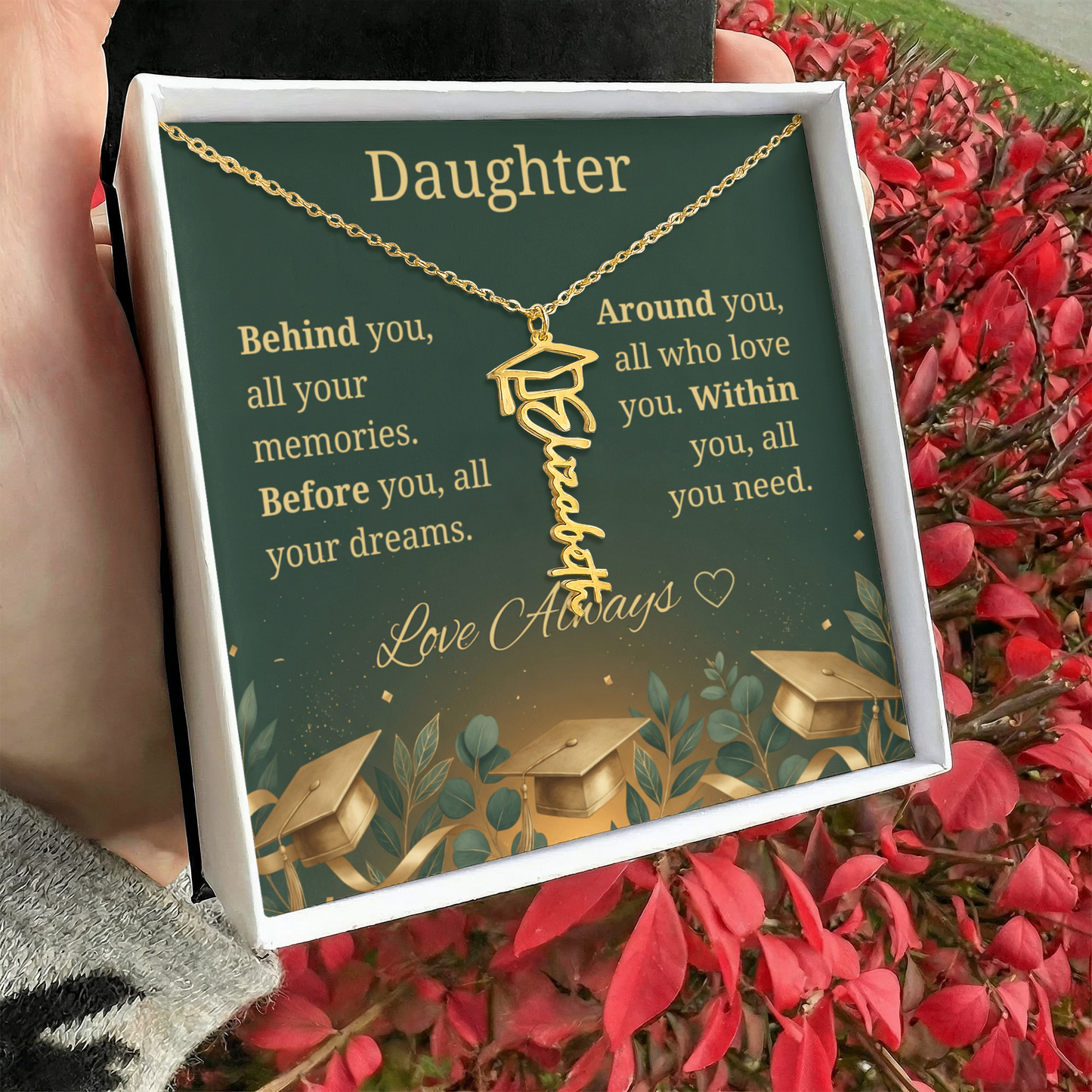 Graduation Keepsake Name Necklace: Personalized Gift for Her New Chapter_Green