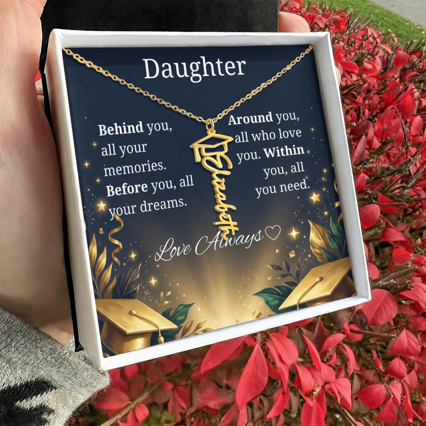 Graduation Keepsake Name Necklace: Personalized Gift for Her New Chapter