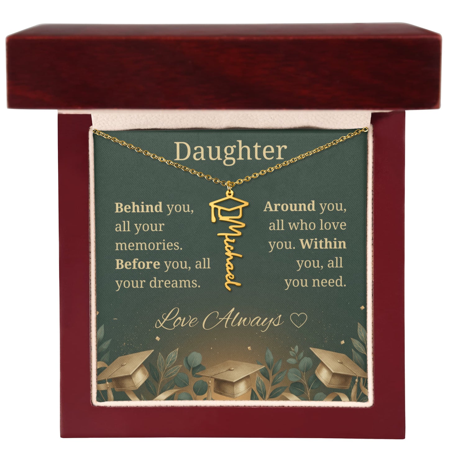 Graduation Keepsake Name Necklace: Personalized Gift for Her New Chapter_Green