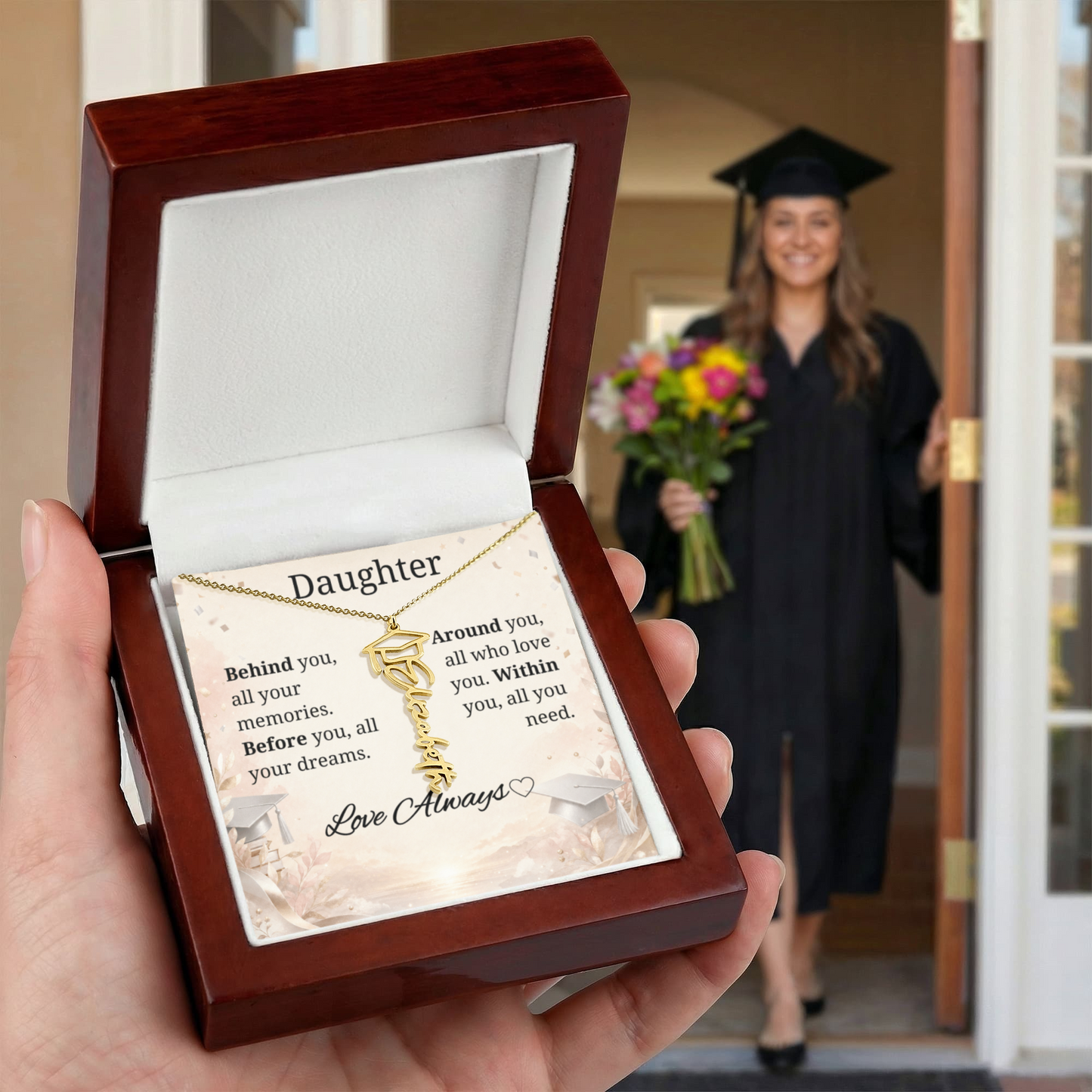 Graduation Keepsake Name Necklace: Personalized Gift for Her New Chapter
