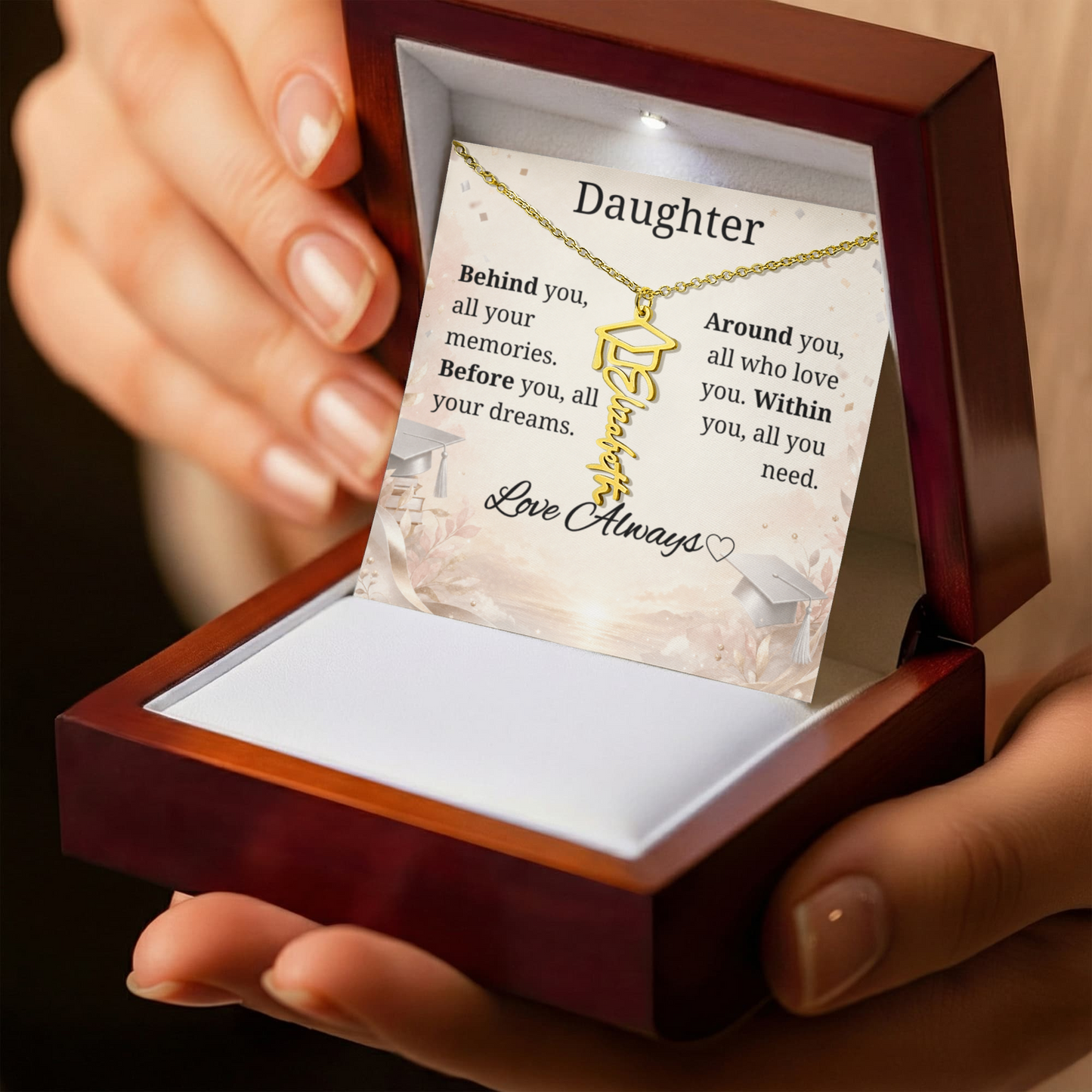 Graduation Keepsake Name Necklace: Personalized Gift for Her New Chapter