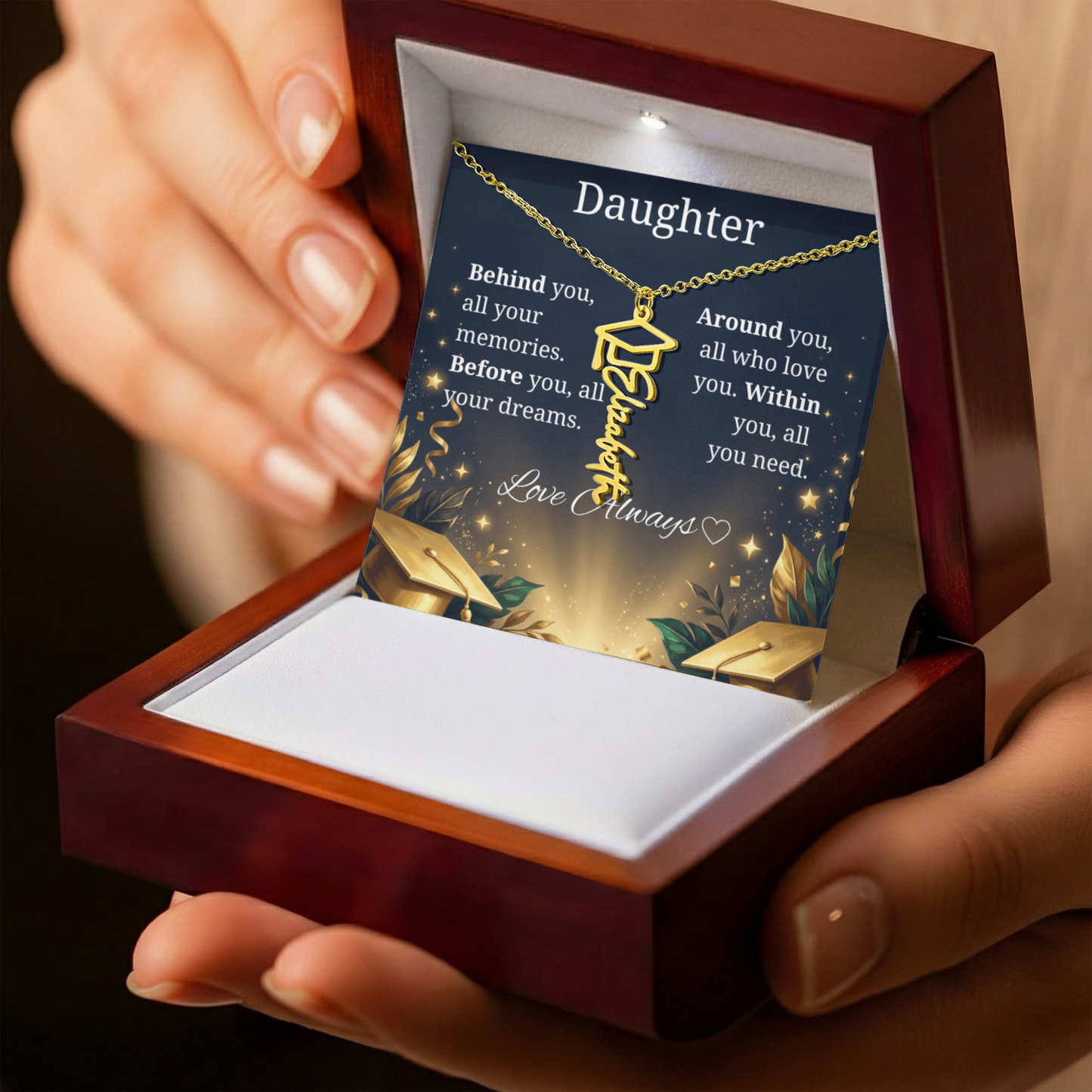 Graduation Keepsake Name Necklace: Personalized Gift for Her New Chapter