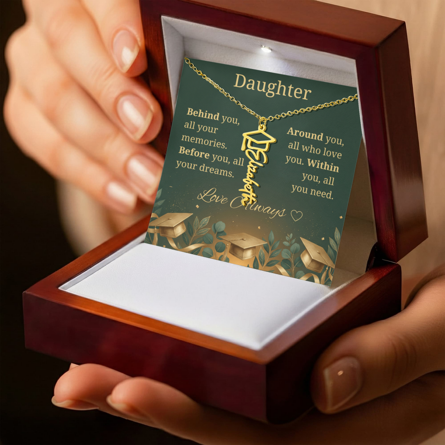 Graduation Keepsake Name Necklace: Personalized Gift for Her New Chapter_Green