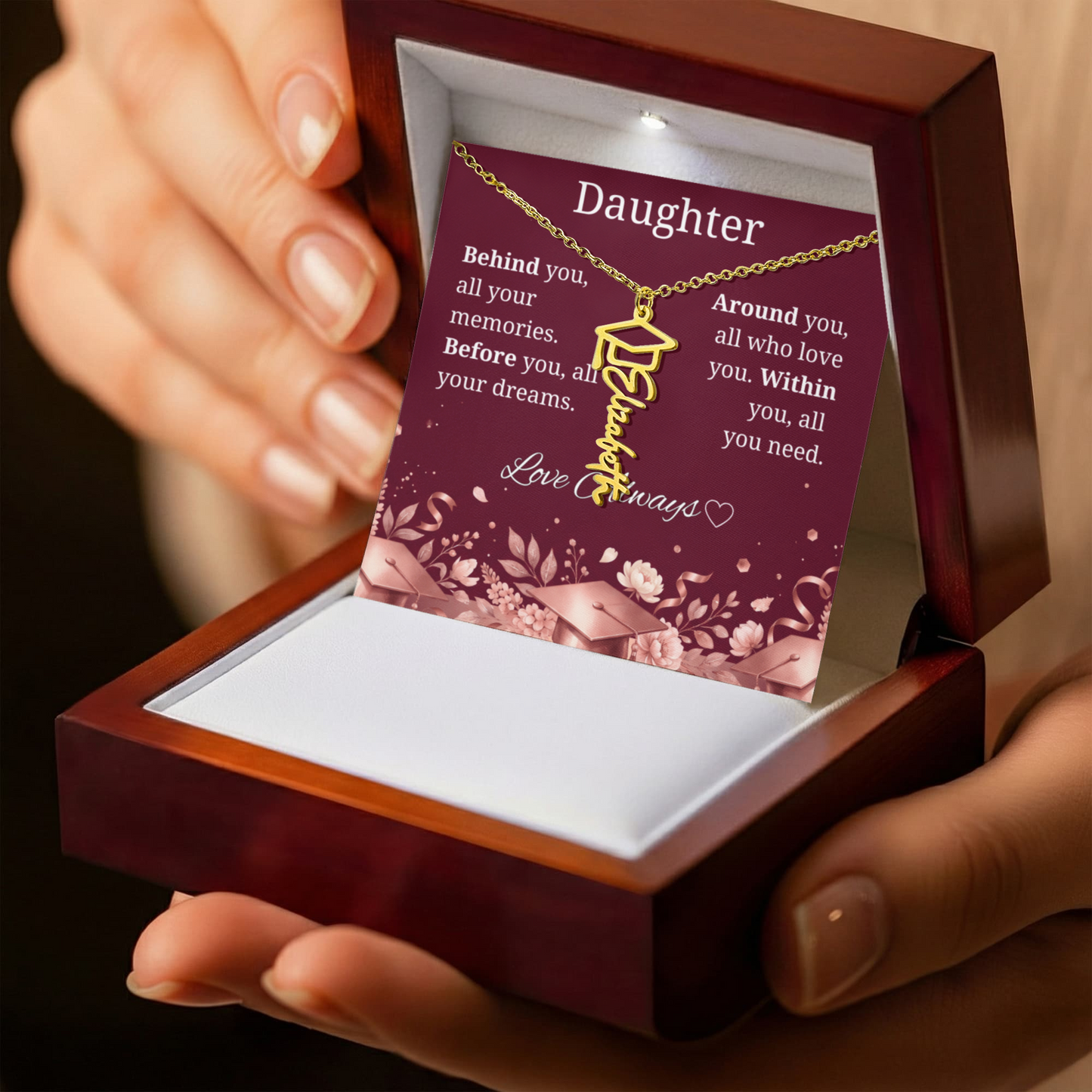 Graduation Keepsake Name Necklace: Personalized Gift for Her New Chapter_Burgundy