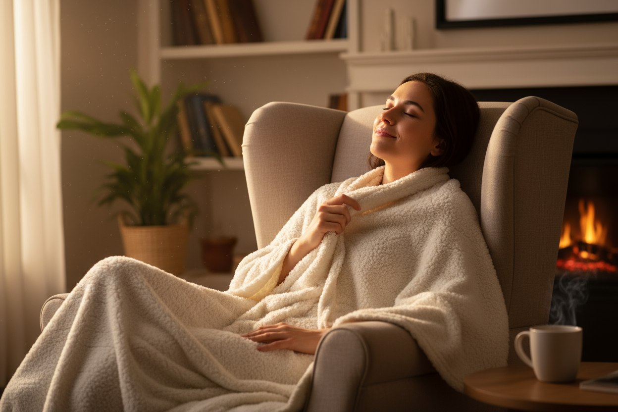 person sitting in a chair holding a fleece blanket