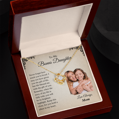 Personalized Bonus Daughter Necklace with Photo Card - Custom Love Knot Gift for Stepdaughter