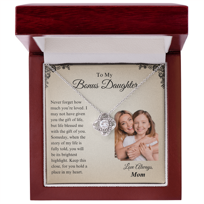 Personalized Bonus Daughter Necklace with Photo Card - Custom Love Knot Gift for Stepdaughter