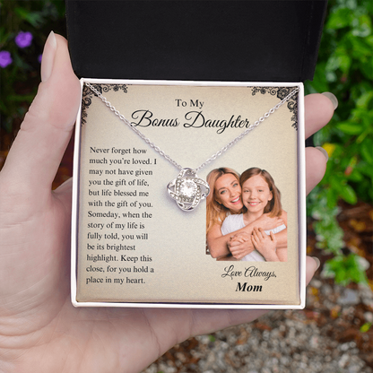 Personalized Bonus Daughter Necklace with Photo Card - Custom Love Knot Gift for Stepdaughter